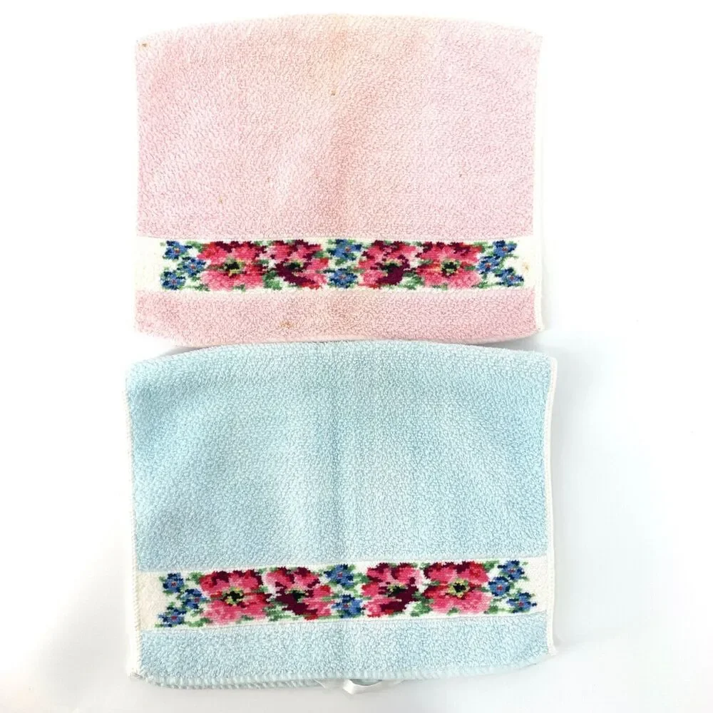 Vintage Hand Towels LOT of 2 Pink and Blue with Floral Cottagecore